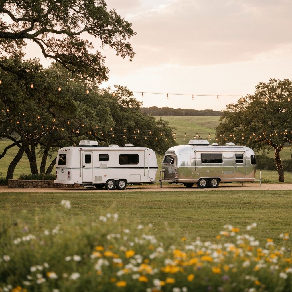 Luxury mobile wedding rental trailers at an elegant outdoor venue in hill country at golden hour