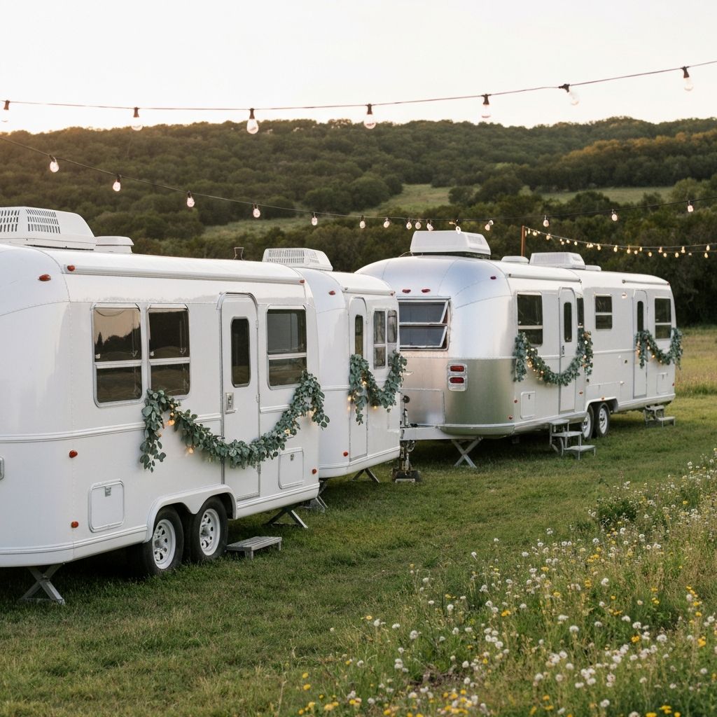 Fleet of wedding rental trailers at a hill country venue